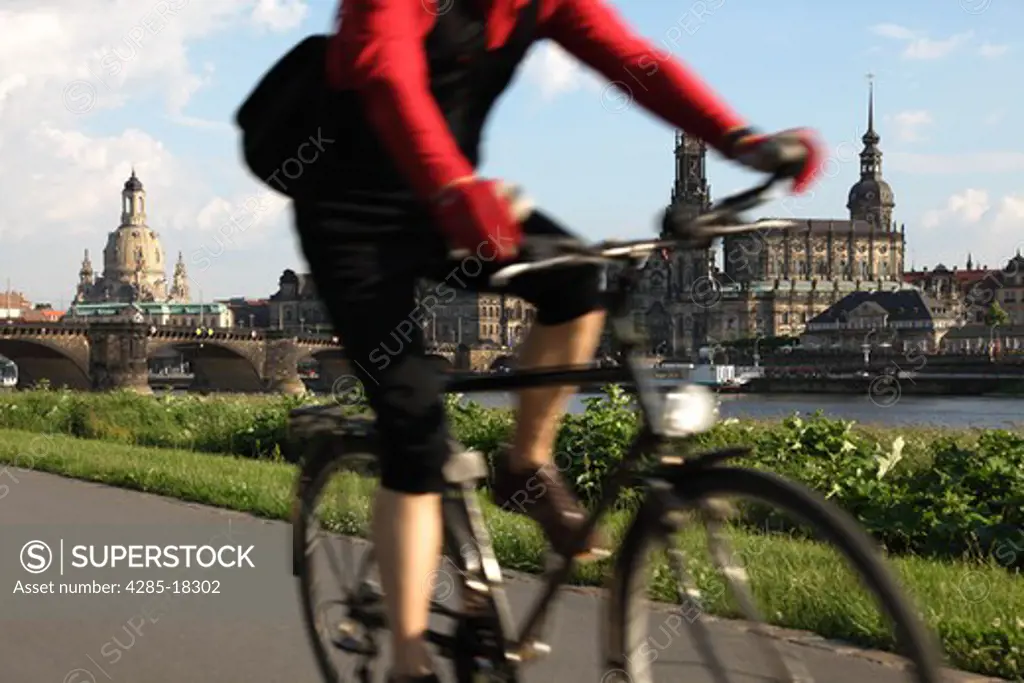 Germany, Saxony, Dresden, Old Town, Bike Riding along the River Elbe