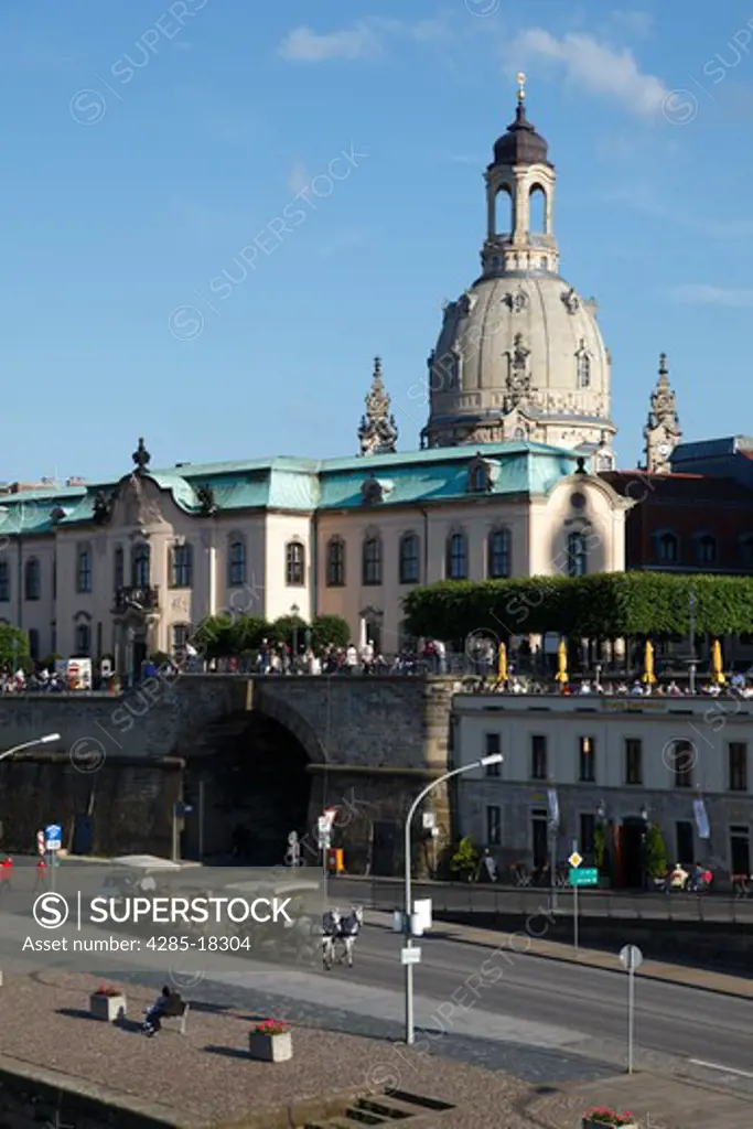 Germany, Saxony, Dresden, Old Town, Brhl's Terrace, Brhlsche Terrasse, Neo-Baroque Secundogenitur Building, Frauenkirche, Church of our Lady