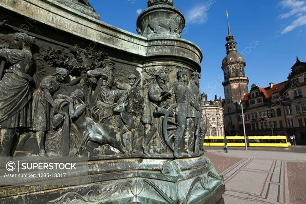 Germany, Saxony, Dresden, Theaterplatz, Theatre Square, Engraved Base of Statue of King John, Hausmann Tower, Tram