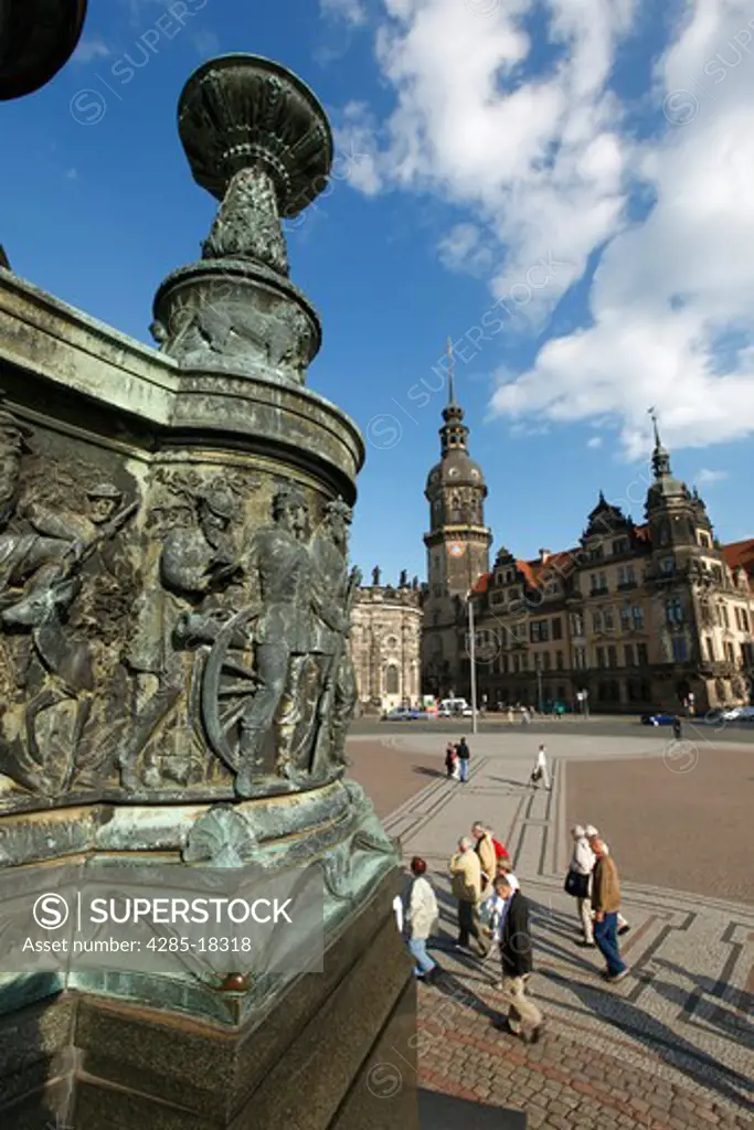 Germany, Saxony, Dresden, Theaterplatz, Theatre Square, Engraved Base of Statue of King John, Hausmann Tower