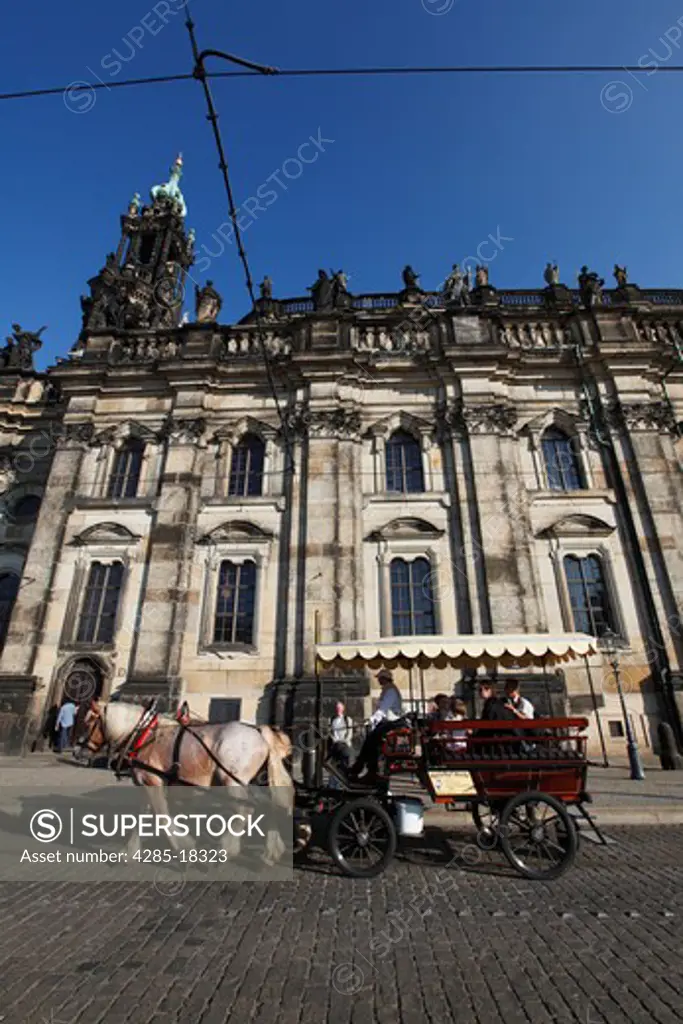 Germany, Saxony, Dresden, Theaterplatz, Horse and Carriage Rides, Hofkirche (Church of the Court), Kathedrale St. Trinitatis, St. Trinity Cathedral
