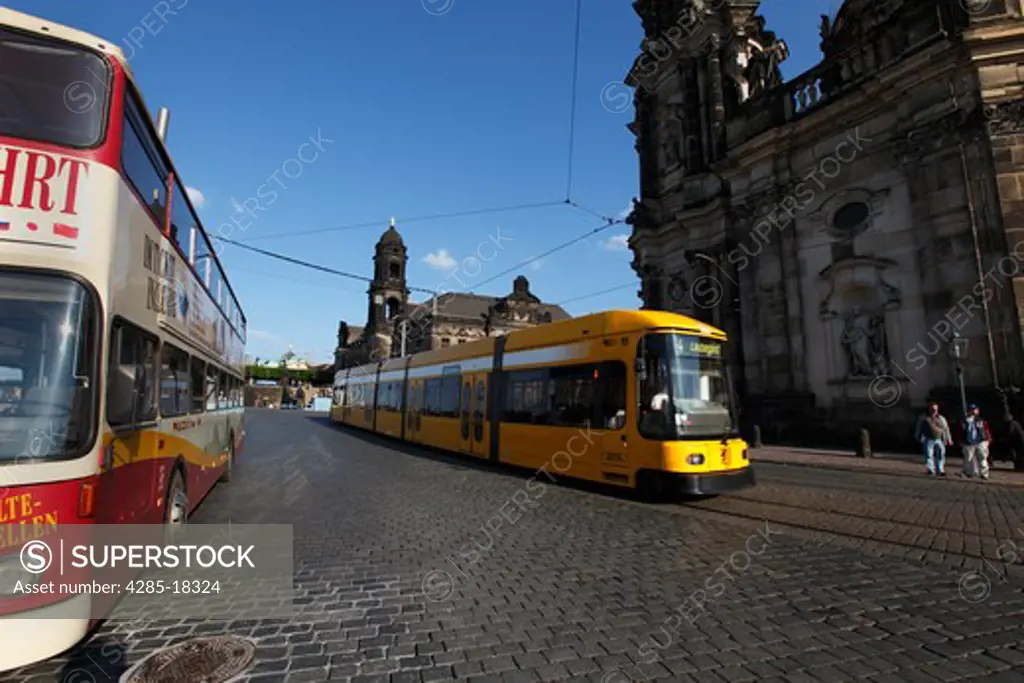 Germany, Saxony, Dresden, Theaterplatz, Theatre Square, Tram and Double Decker Bus