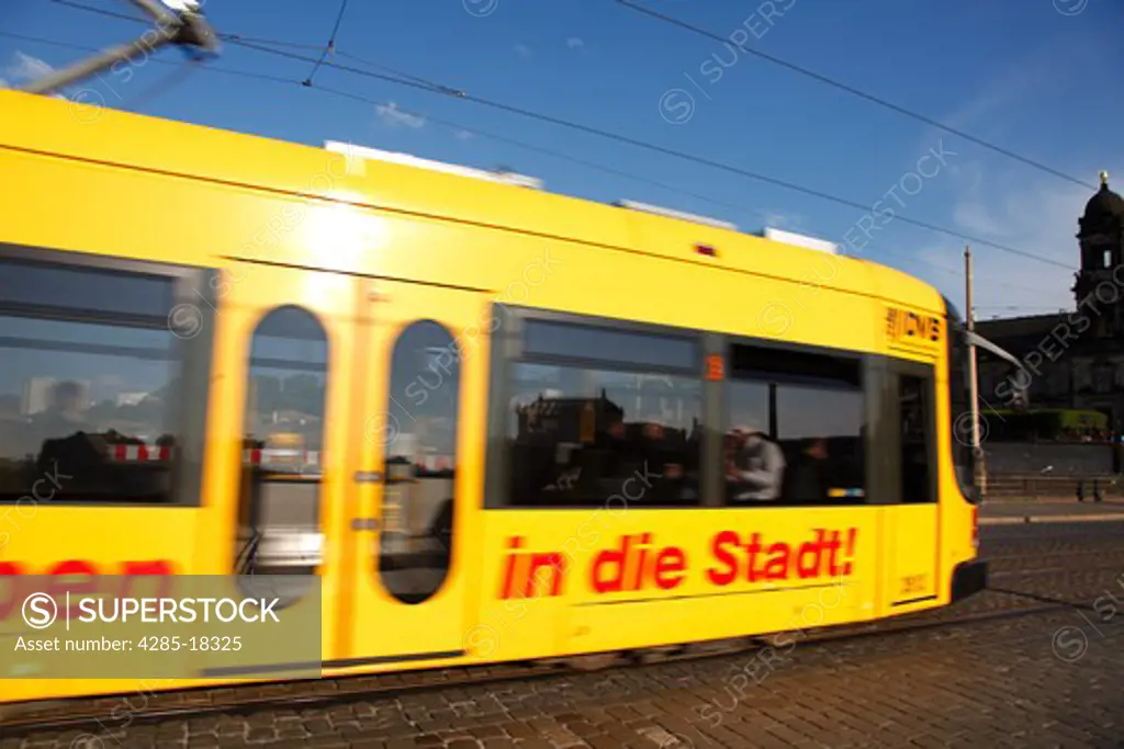 Germany, Saxony, Dresden, Theaterplatz, Theatre Square, Moving Electric Tram