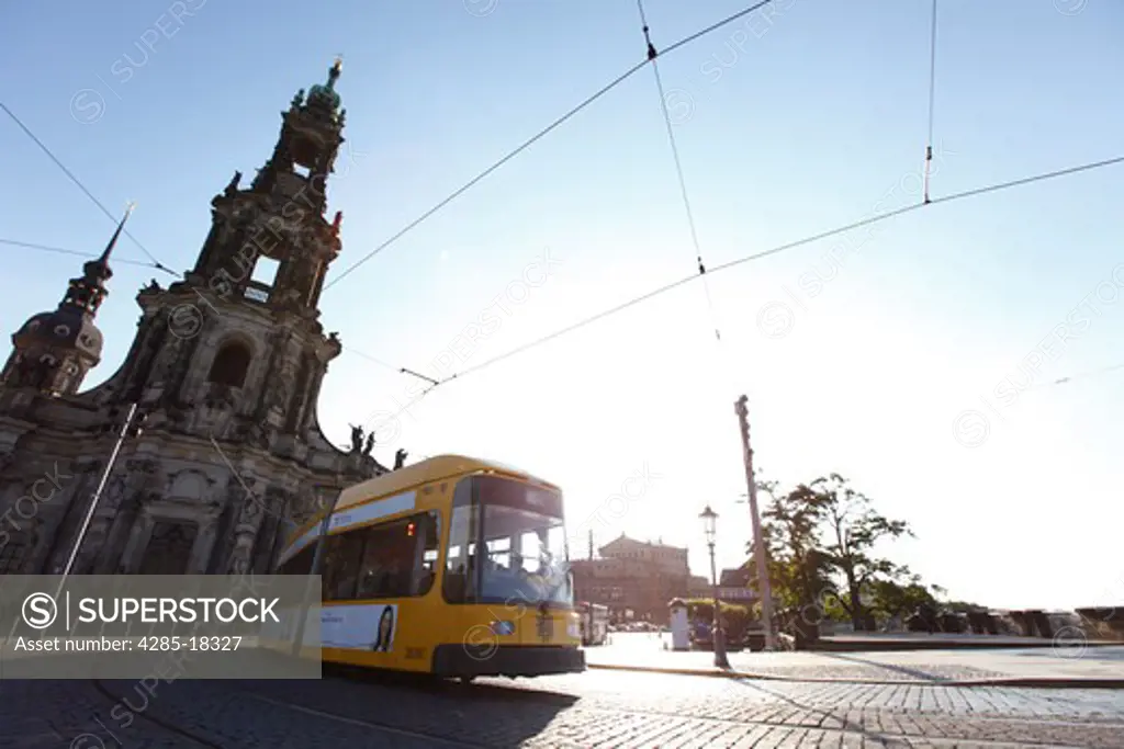 Germany, Saxony, Dresden, Schlossplatz, Castle Square, Hofkirche, Kathedrale St. Trinitatis, St. Trinity Cathedral, Moving Tram