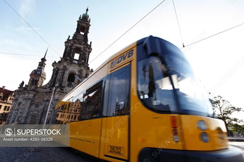 Germany, Saxony, Dresden, Schlossplatz, Castle Square, Hofkirche, Kathedrale St. Trinitatis, St. Trinity Cathedral, Moving Tram