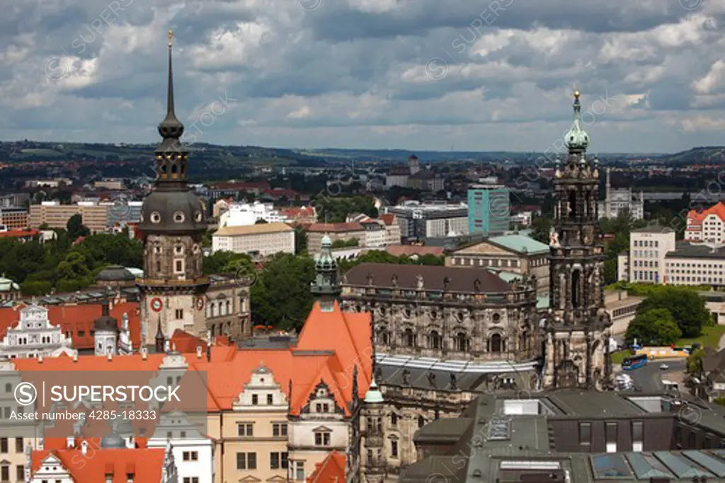 Germany, Saxony, Dresden, Skyline from Frauenkirche (Church of our Lady), Hofkirche, Kathedrale St. Trinitatis, St. Trinity Cathedral, Hausmann Tower
