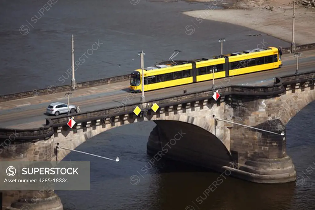 Germany, Saxony, Dresden, River Elbe, Augustusbrcke ( Friedrich-August-Brcke ), Augustus Bridge, Tram