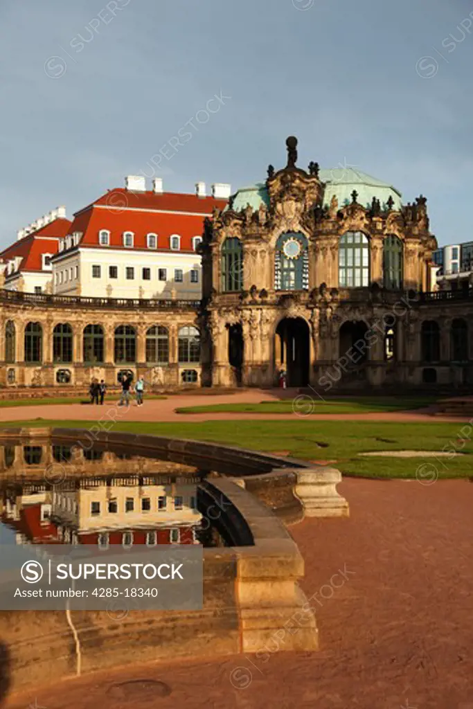Germany, Saxony, Dresden, Zwinger Palace, Rampart Pavilion, Reflection