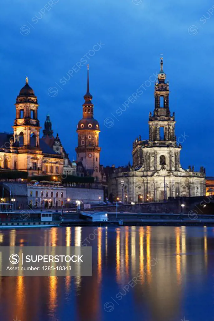 Germany, Saxony, Dresden, Old Town, Skyline, River Elbe, Hofkirche, Kathedrale St. Trinitatis, St. Trinity Cathedral, Hausmann Tower, Neues Stndehaus, New State House