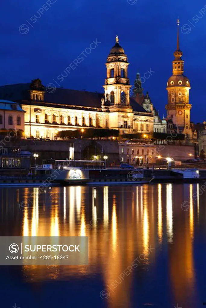 Germany, Saxony, Dresden, Old Town, Skyline, River Elbe, Hofkirche, Kathedrale St. Trinitatis, St. Trinity Cathedral, Hausmann Tower, Neues Stndehaus, New State House