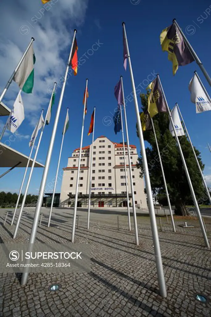 Germany, Saxony, Dresden, Hotel Maritim, Flags outside the Congress Convention Center, Kongress Centre, Kongresszentrum