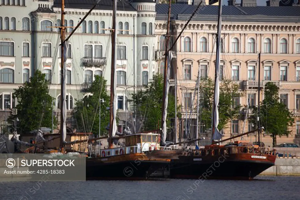 Finland, Helsinki, Helsingfors, North Harbour, Waterfront Buildings, Sailing Ships