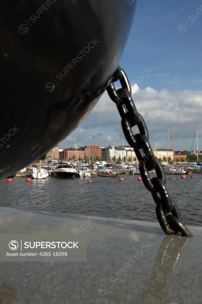 Finland, Helsinki, Helsingfors, North Harbour, Waterfront Buildings, Marina, Memorial dedicated to Deminers, Ocean Mine, Ball