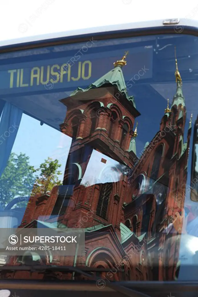 Finland, Helsinki, Helsingfors, North Harbour, Reflection of Uspenski Cathedral in Bus Window