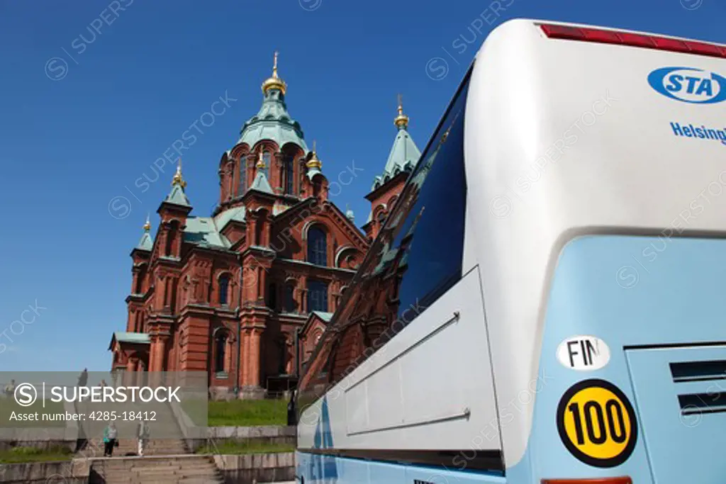 Finland, Helsinki, Helsingfors, North Harbour, Tour Bus, Reflection of Uspenski Cathedral in Bus Window