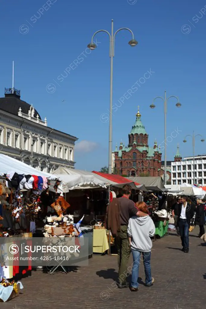 Finland, Helsinki, Helsingfors, Kauppatori, South Harbour Esplanade, Market Place, Presidential Palace, Uspenski Cathedral