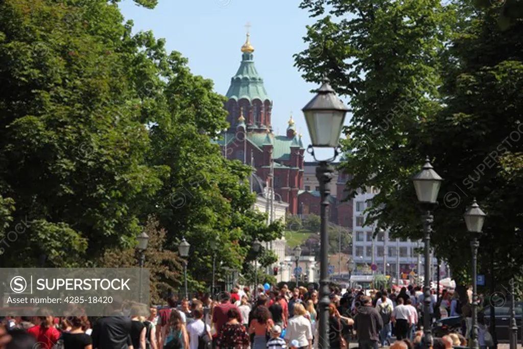 Finland, Helsinki, Helsingfors, Kauppatori, South Harbour Esplanade, Market Place, Pohjoisesplanadi, Uspenski Cathedral