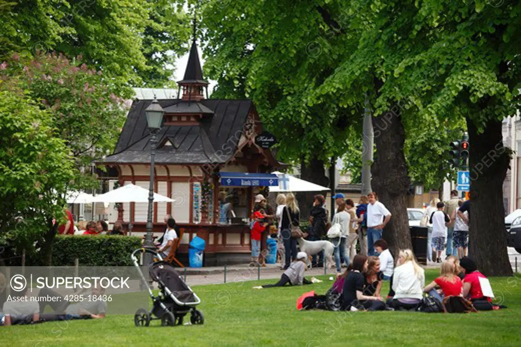 Finland, Helsinki, Helsingfors, Esplanadi Park, Gardens, Fairytale Kiosk Selling Postcards and Snacks
