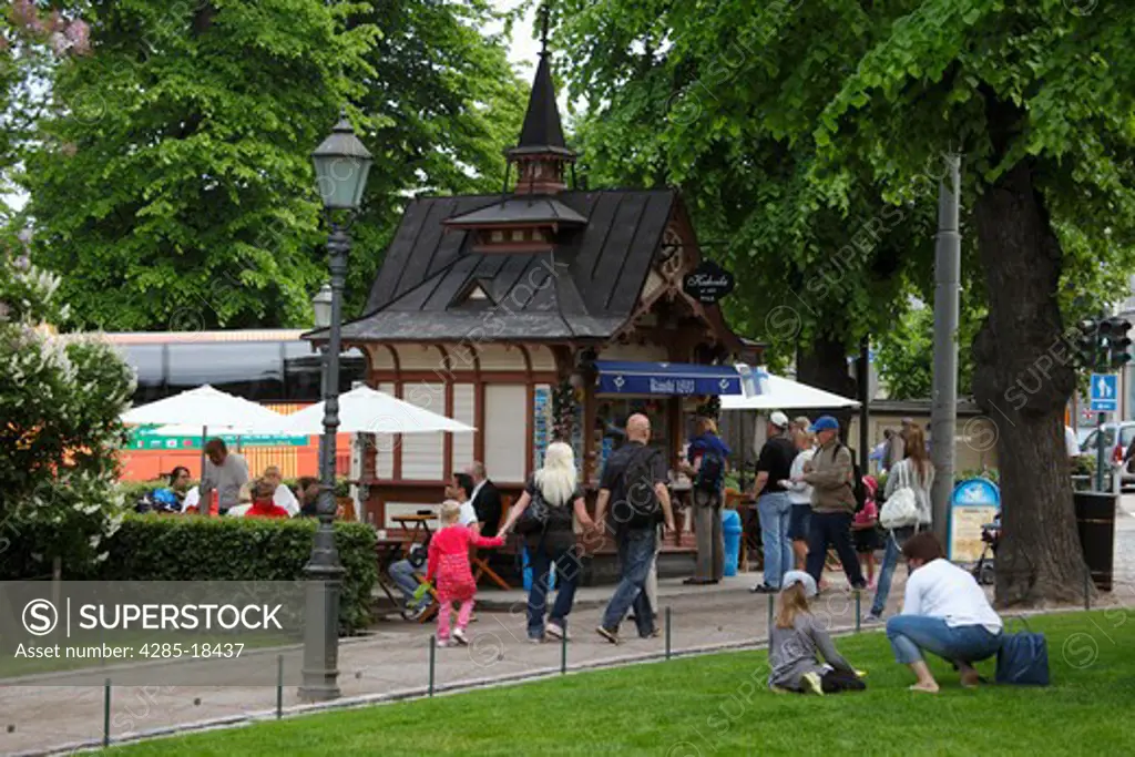 Finland, Helsinki, Helsingfors, Esplanadi Park, Gardens, Fairytale Kiosk Selling Postcards and Snacks