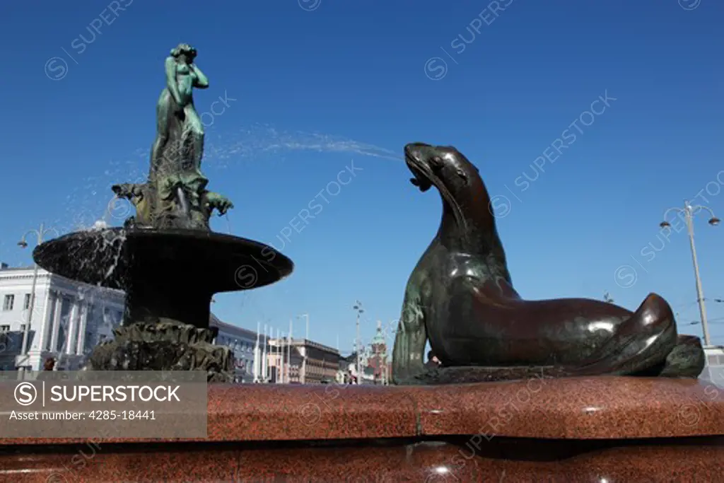 Finland, Helsinki, Helsingfors, Esplanadi Park, Havis Amanda Fountain, Fountain Symbolizing Helsinki, Seal Shooting Water