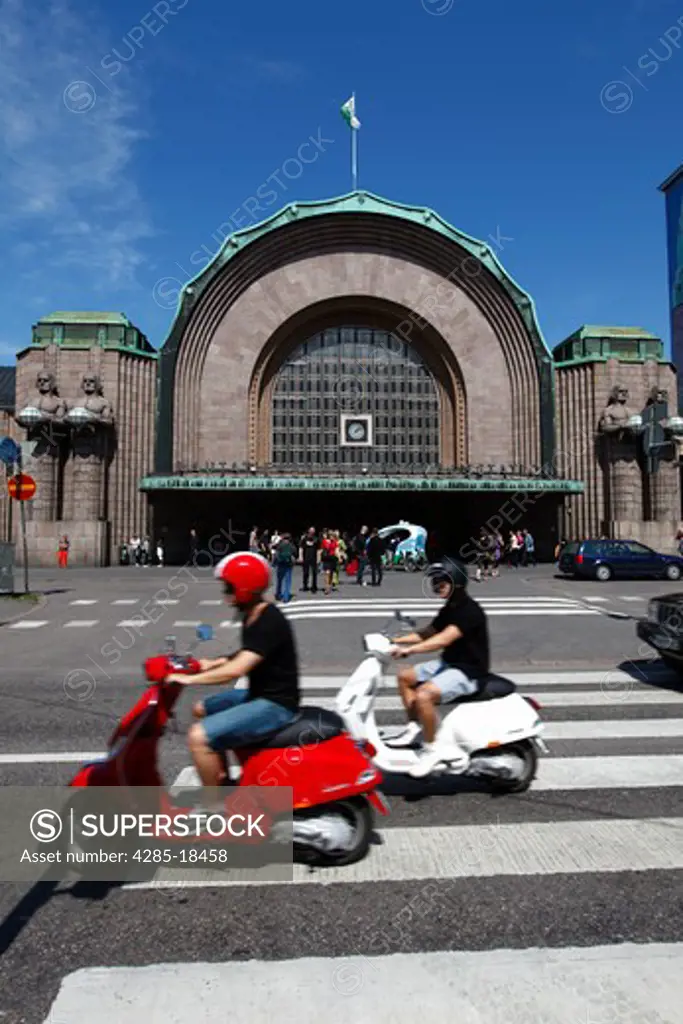 Finland, Helsinki, Helsingfors, Central Railway Station, Rautatientori Metro Station, Motorbikes, Pedestrian Crossing