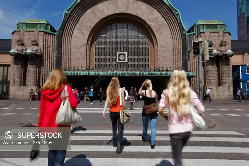 Finland, Helsinki, Helsingfors, Central Railway Station, Rautatientori Metro Station, Entrance, Pedestrians Crossing Street
