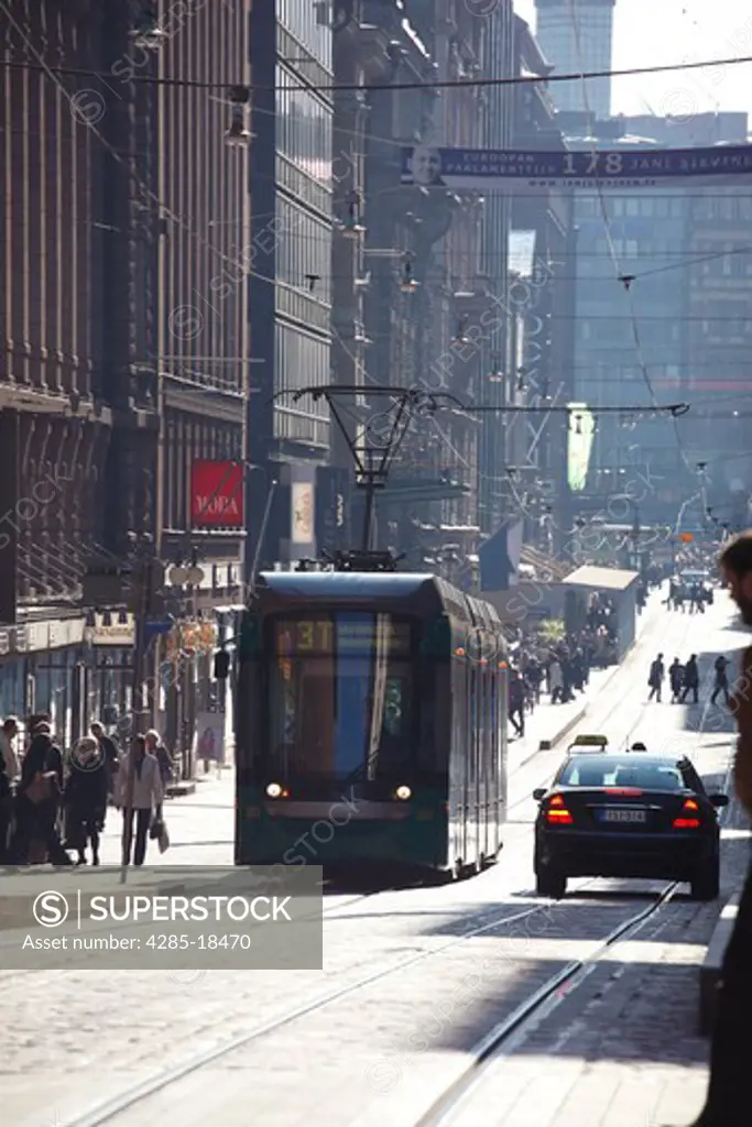 Finland, Helsinki, Helsingfors, Aleksanterinkatu, Aleksanterink Street, Tram, Pedestrians