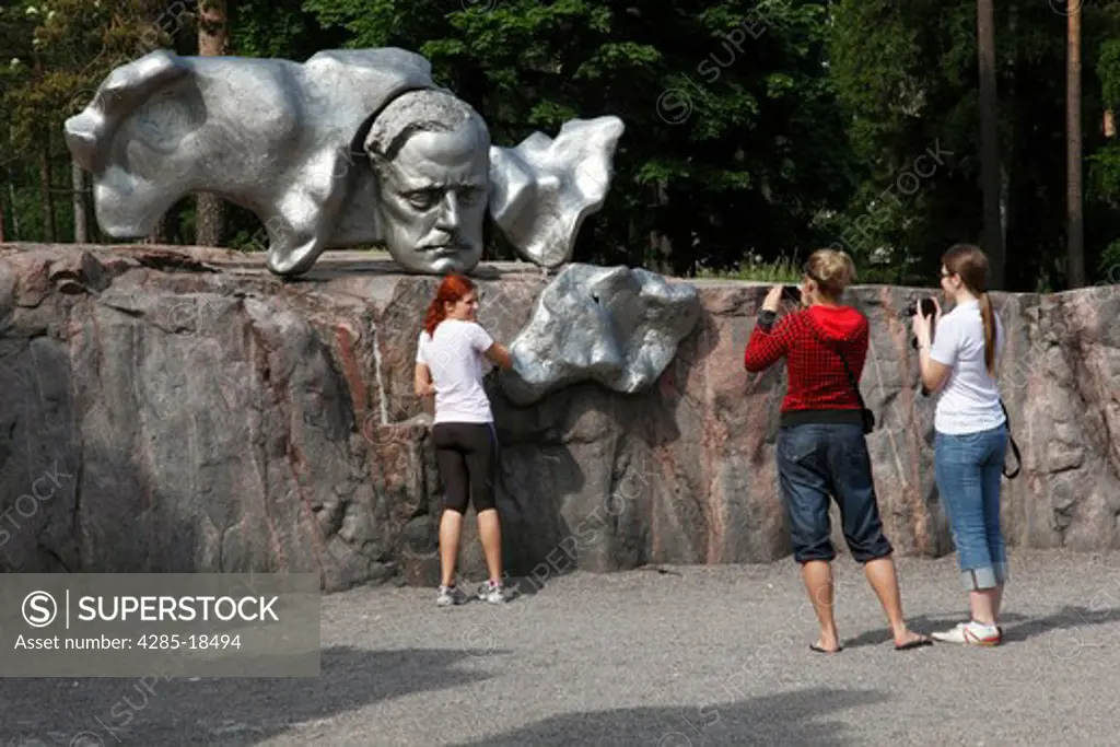 Finland, Helsinki, Helsingfors, Sibelius Monument, Monument Dedicated to Composer Jean Sibelius, Bust, Girls Photographing