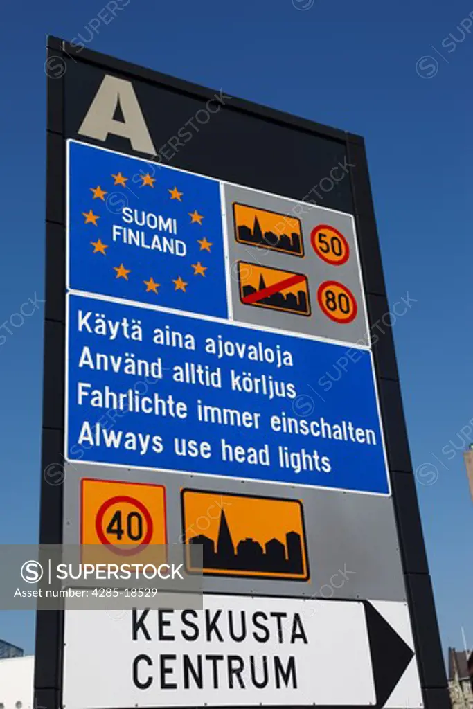 Finland, Helsinki, Helsingfors, Road Sign for Visitors Entering Finland