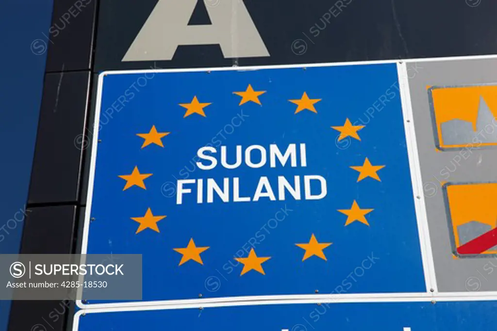 Finland, Helsinki, Helsingfors, European Union, EU, Road Sign for Visitors Entering Finland