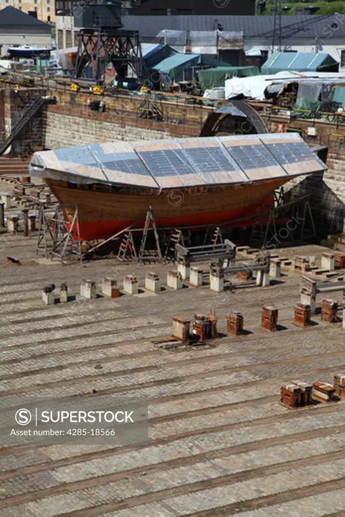 Finland, Helsinki, Helsingfors, Suomenlinna Island, Boat in Dry-dock at Suomenlinna Shipyard