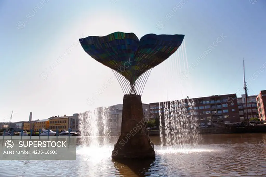 Finland, Region of Finland Proper, Western Finland, Turku, Aura River, Fountain, Whale's Fin, Sculpture Harmony by Artist Achim Kuhn