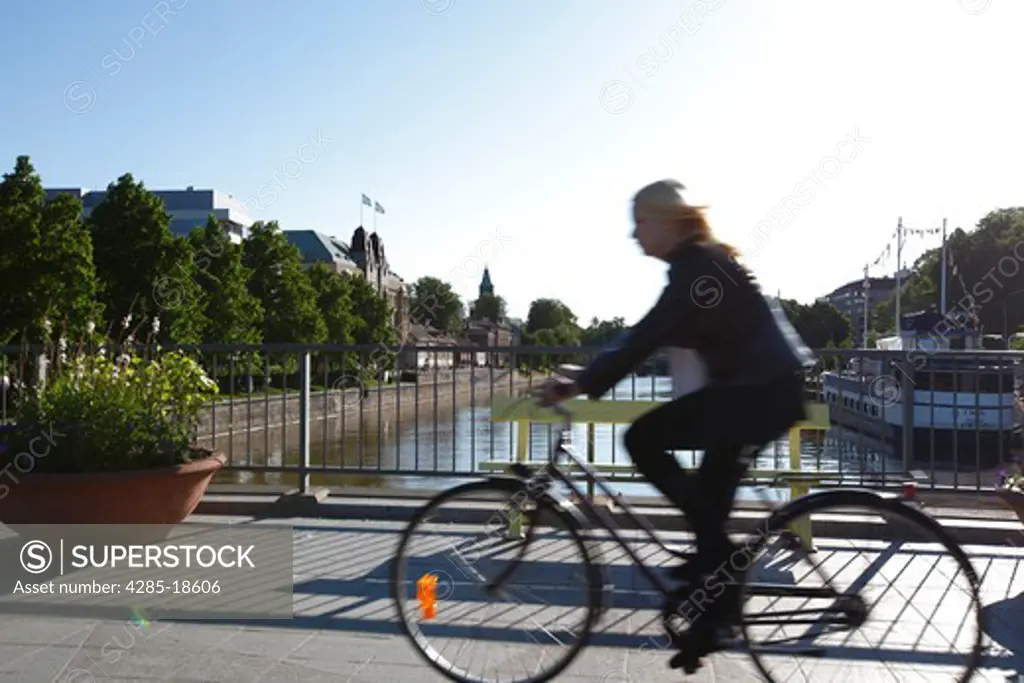 Finland, Region of Finland Proper, Western Finland, Turku, Aura River, Pedestrian Bridge, Cyclist