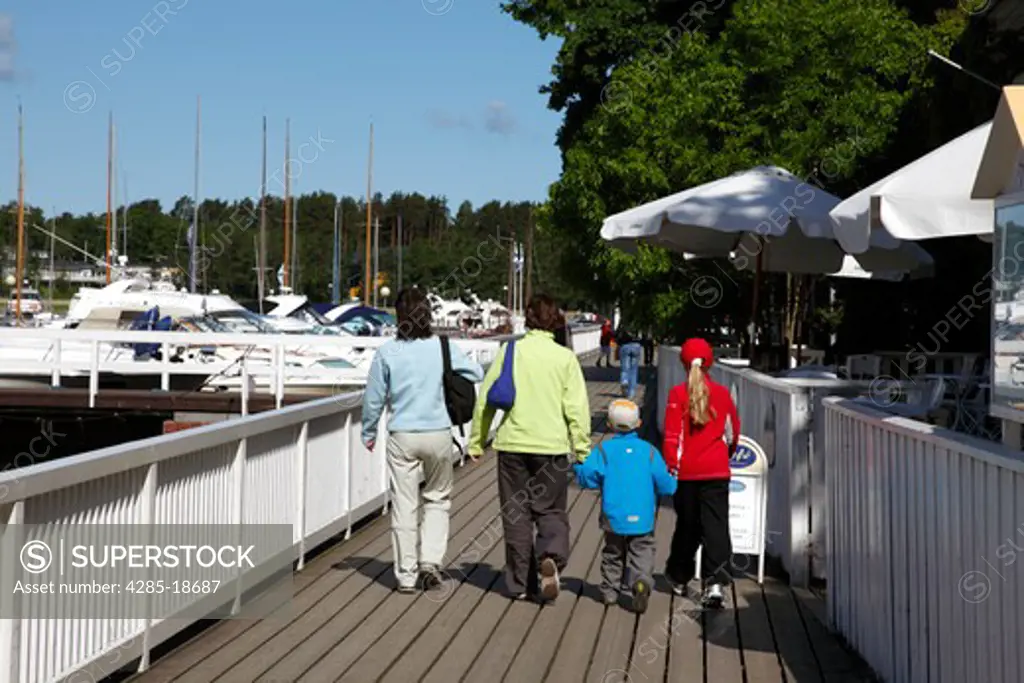 Finland, Region of Finland Proper, Western Finland, Turku, Baltic Sea, Naantali, Port, Harbour, Waterfront Walkway, Tourists, Moored Boats