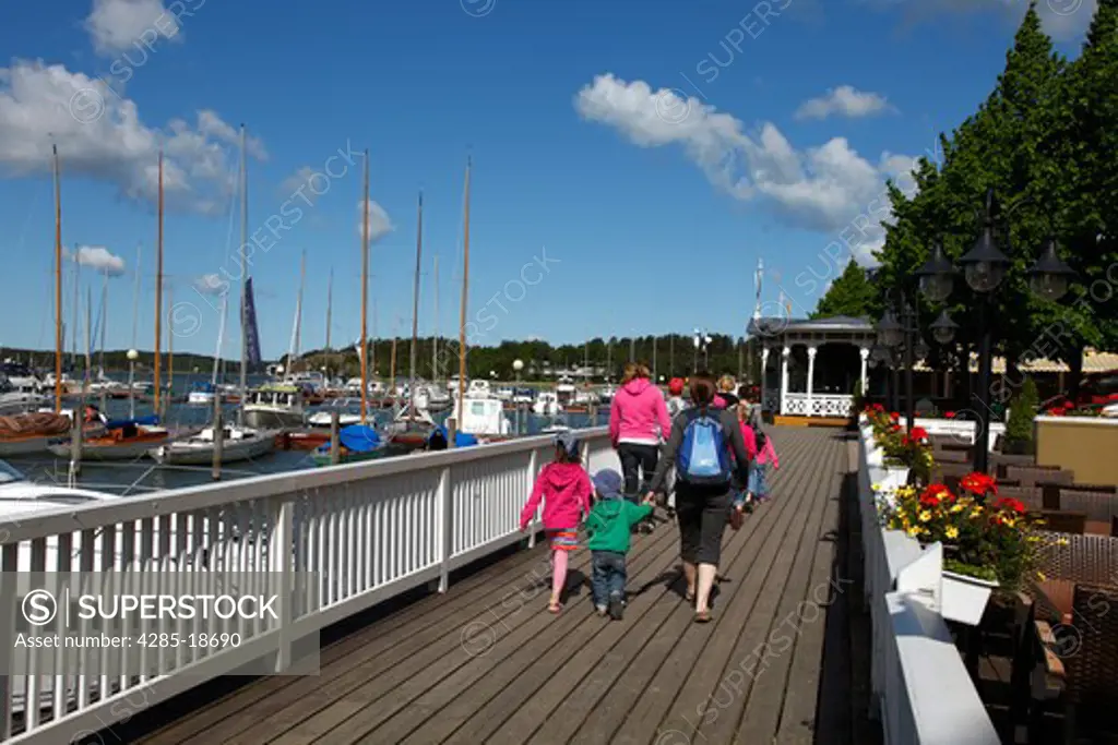 Finland, Region of Finland Proper, Western Finland, Turku, Baltic Sea, Naantali, Port, Harbour, Waterfront Walkway, Tourists, Moored Boats