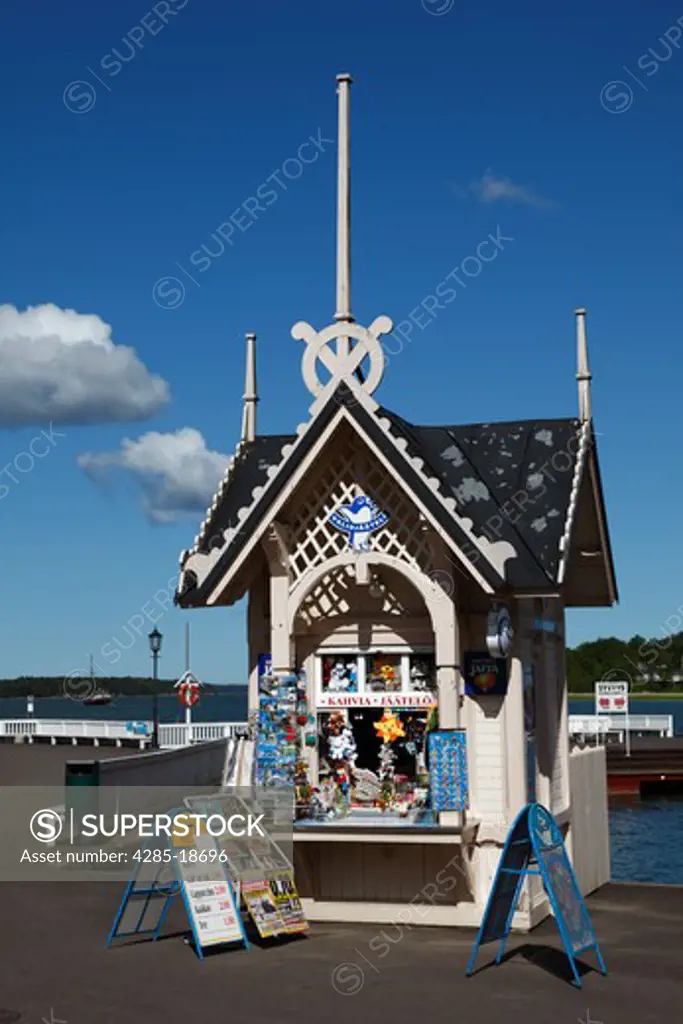 Finland, Region of Finland Proper, Western Finland, Turku, Baltic Sea, Naantali, Port, Harbour, Kiosk Selling Postcards and Snacks