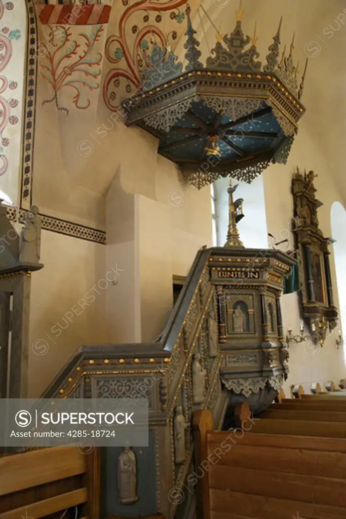 Finland, Region of Satakunta, Rauma, Historic Church, 15th-Century Stone Church of Holy Cross, Interior, Altar, Pulpit, Medieval Artwork and Adornments