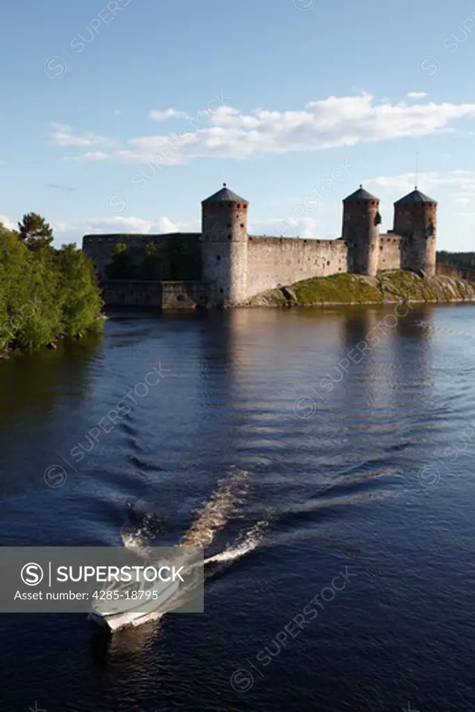 Finland, Region of Southern Savonia, Saimaa Lake District, Savonlinna, Kyronsalmi Straits, Olavinlinna Medieval Castle, St. Olaf's Castle, Motor Boat