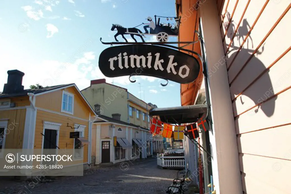 Finland, Southern Finland, Eastern Uusimaa, Porvoo, Medieval Wooden Houses, Shopping Street, Shop Insignia, Sign
