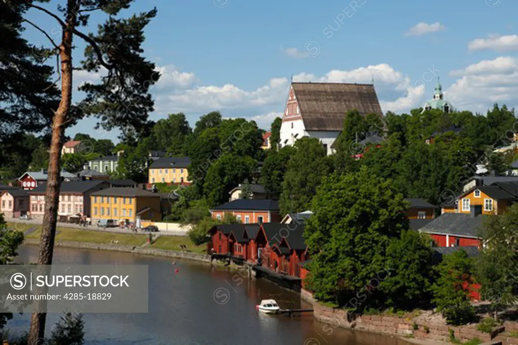 Finland, Southern Finland, Eastern Uusimaa, Porvoo, River Porvoonjoki, Medieval Red Hut Riverside Granary Warehouses, Cathedral