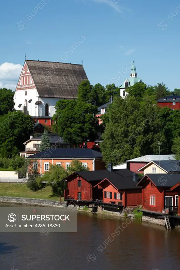 Finland, Southern Finland, Eastern Uusimaa, Porvoo, River Porvoonjoki, Medieval Red Hut Riverside Granary Warehouses, Cathedral