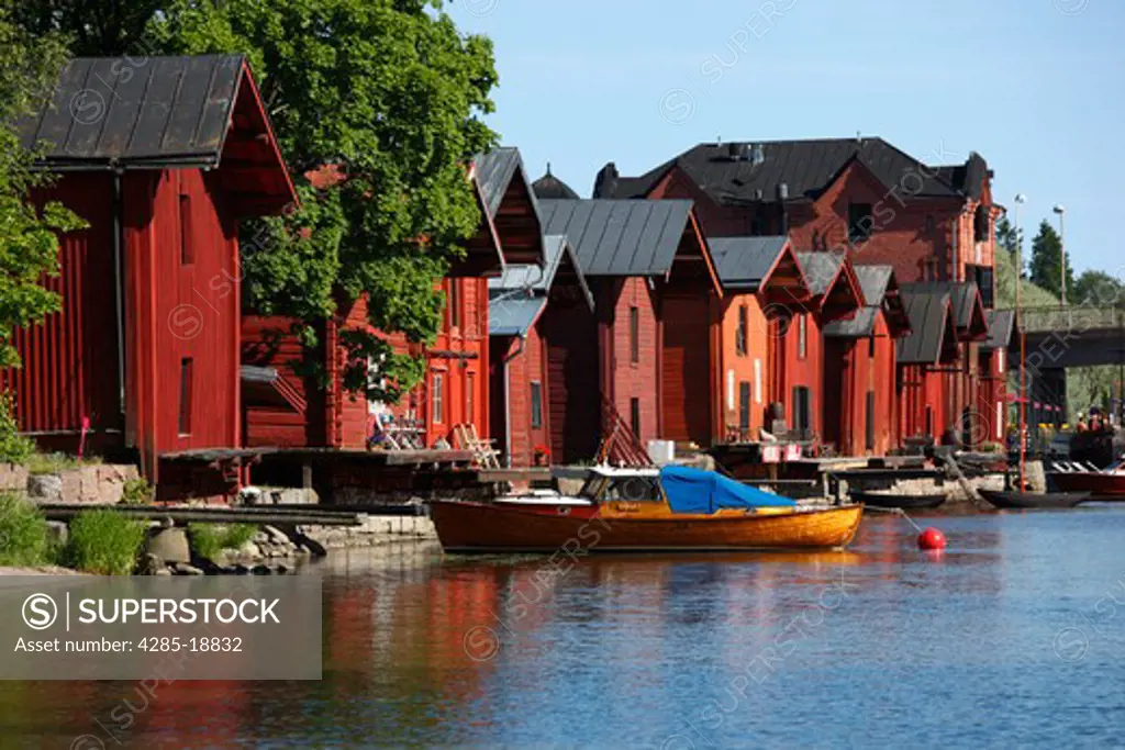 Finland, Southern Finland, Eastern Uusimaa, Porvoo, River Porvoonjoki, Medieval Red Hut Riverside Granary Warehouses