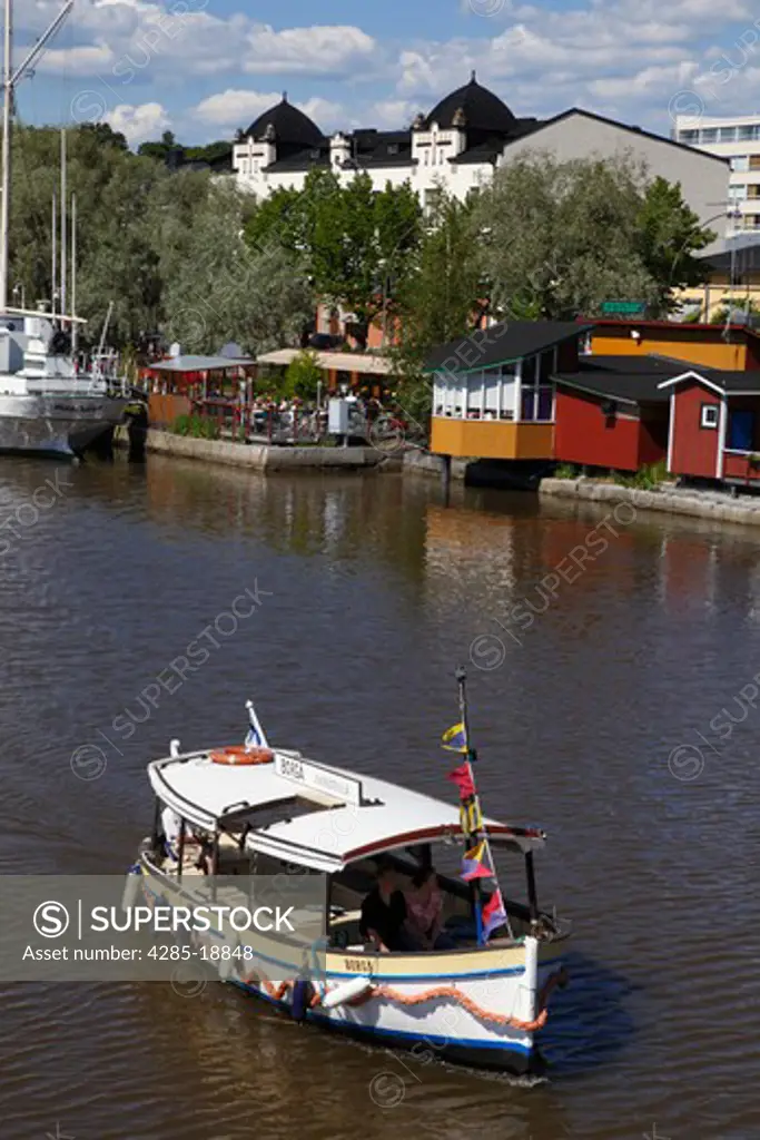 Finland, Southern Finland, Eastern Uusimaa, Porvoo, River Porvoonjoki, Decorated River Cruise Boat
