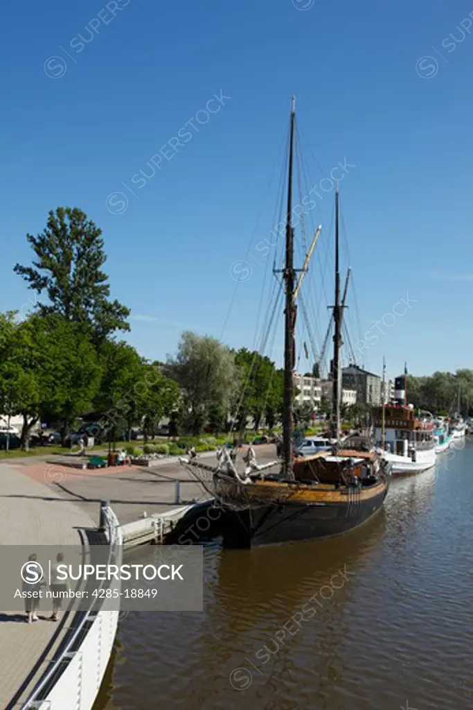 Finland, Southern Finland, Eastern Uusimaa, Porvoo, River Porvoonjoki, Historic Ships Moored on Riverside, Restaurants