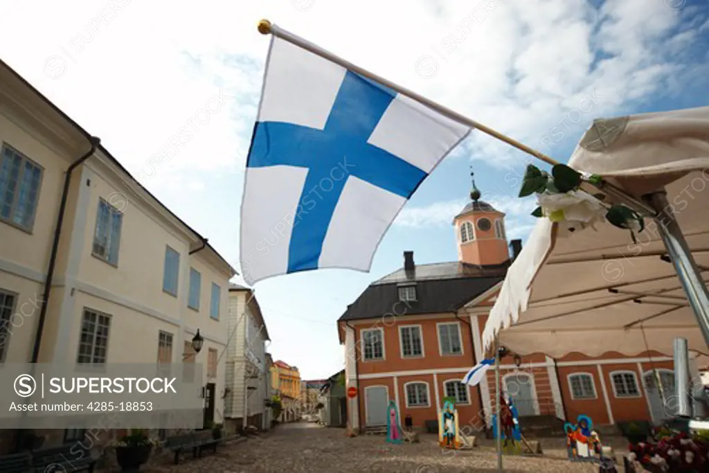 Finland, Southern Finland, Eastern Uusimaa, Porvoo, Market Square, Old Town Hall, Medieval Wooden Houses, Finnish Flag