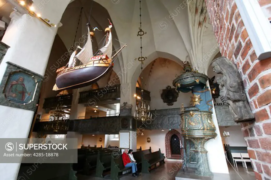 Finland, Southern Finland, Eastern Uusimaa, Porvoo, Historic Porvoo Cathedral, Interior, Pulpit, Model Sailing Ship, Tourists