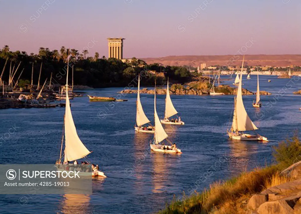 Egypt, Aswan, Nile River, Elephantine Island, Feluccas, Sailing
