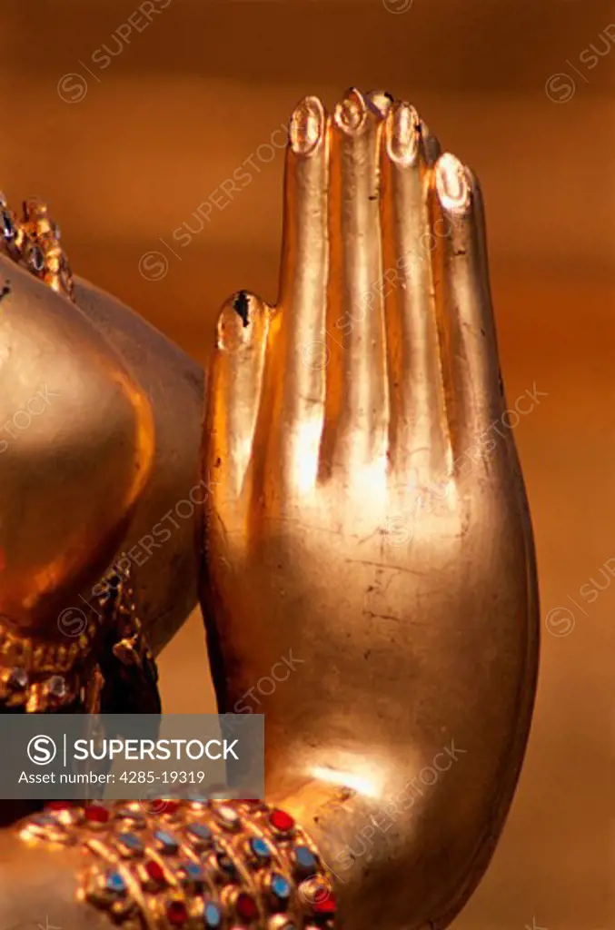 Thailand, Bangkok, Wat Pra Keo Kinnara Hands Figure
