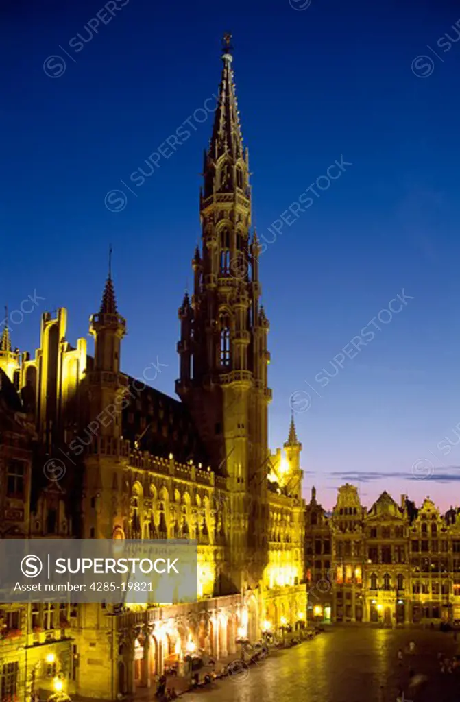 Belgium, Brussels, Grand Place, Town Hall, Night Lights