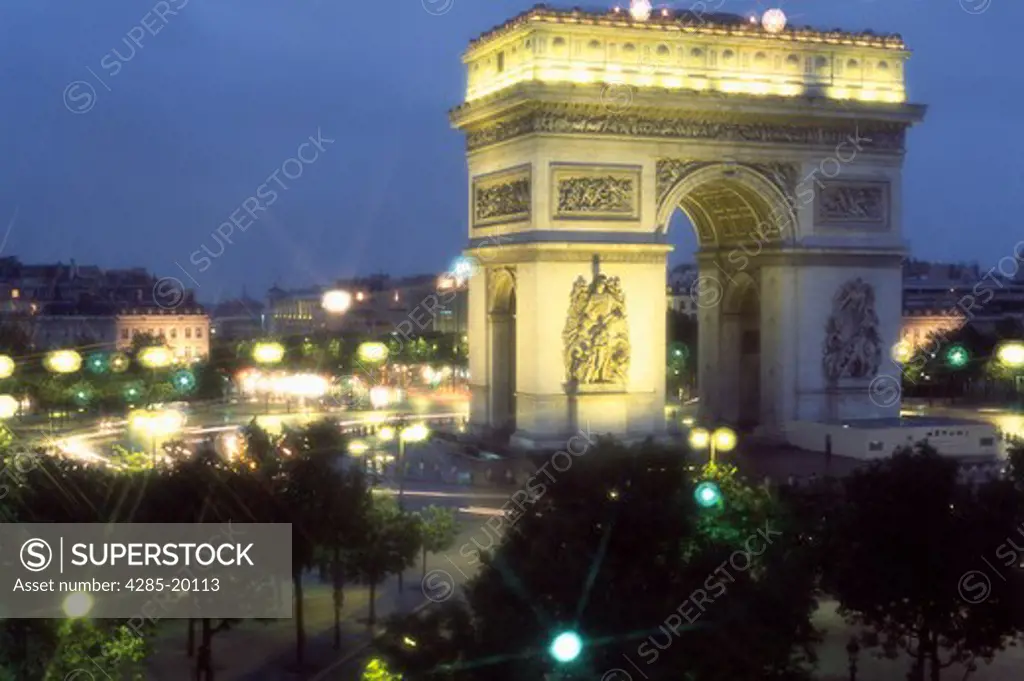 France, Paris, Arc de Triomphe, Night Lights